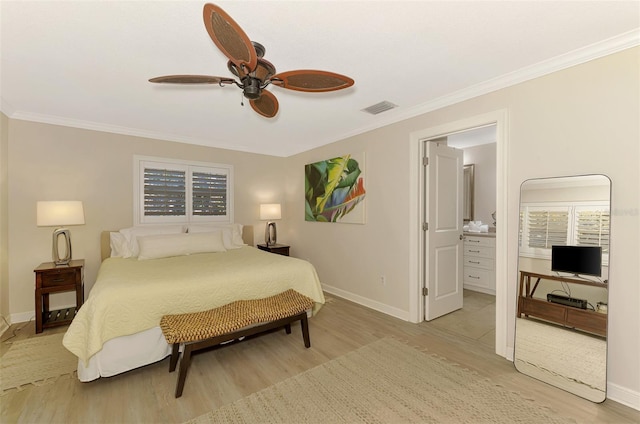 bedroom with baseboards, light wood-style floors, and visible vents