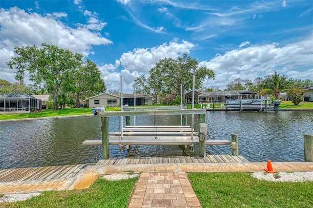 view of dock with a water view and boat lift