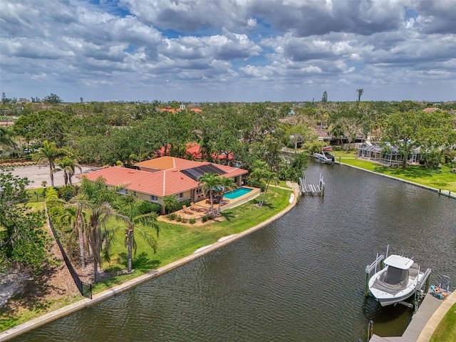 bird's eye view with a water view