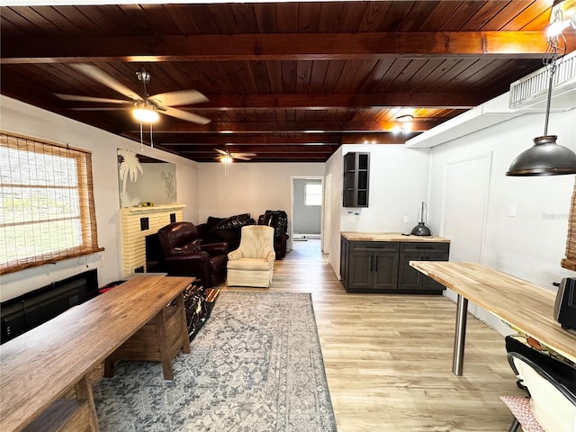 living room with a fireplace, beamed ceiling, a ceiling fan, wood ceiling, and light wood-style floors