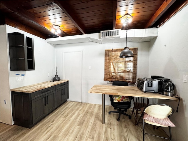 bar featuring light wood finished floors, wood ceiling, and visible vents