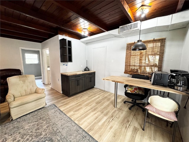 bar featuring light wood finished floors, wooden ceiling, visible vents, and beam ceiling