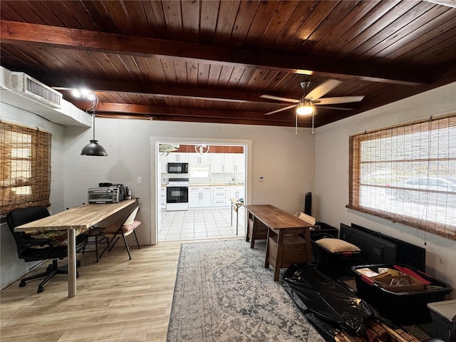 office area with light wood-style flooring, wood ceiling, visible vents, and beam ceiling