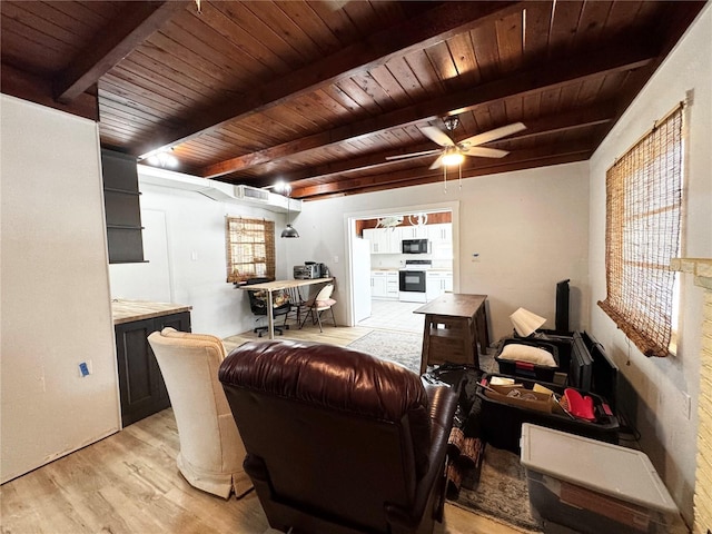 living area with light wood finished floors, ceiling fan, wood ceiling, visible vents, and beam ceiling
