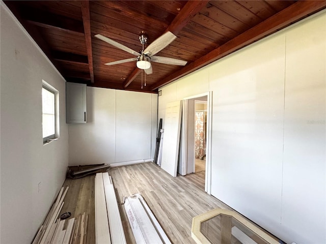 interior space with wood ceiling, a ceiling fan, vaulted ceiling with beams, and light wood-style floors