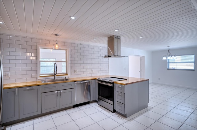 kitchen with a sink, wood counters, appliances with stainless steel finishes, and gray cabinetry