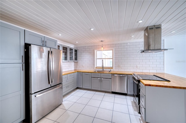 kitchen featuring ventilation hood, a sink, wood counters, gray cabinetry, and stainless steel appliances