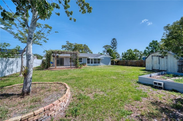 view of yard featuring an outdoor structure, a pergola, a fenced backyard, and a storage unit