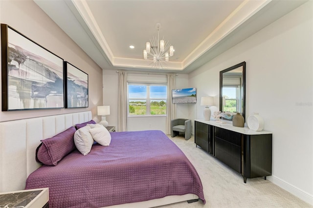 bedroom with light colored carpet, a raised ceiling, baseboards, a chandelier, and recessed lighting