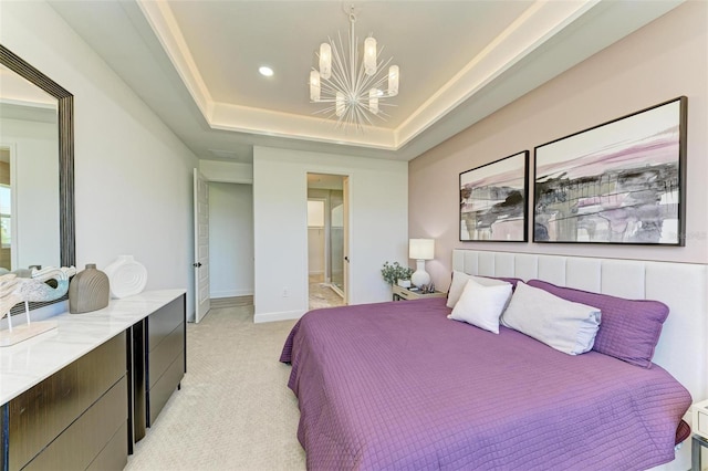 bedroom with an inviting chandelier, light carpet, baseboards, recessed lighting, and a tray ceiling