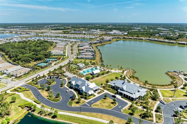 drone / aerial view featuring a water view