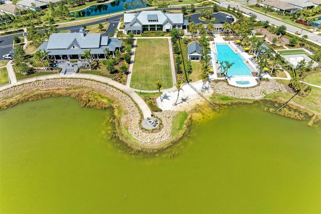 aerial view featuring a water view and a residential view