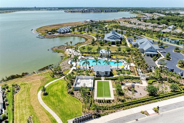 aerial view featuring a water view