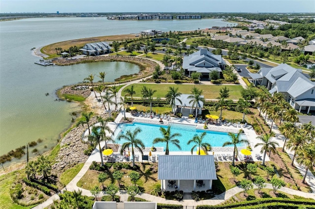 aerial view featuring a water view