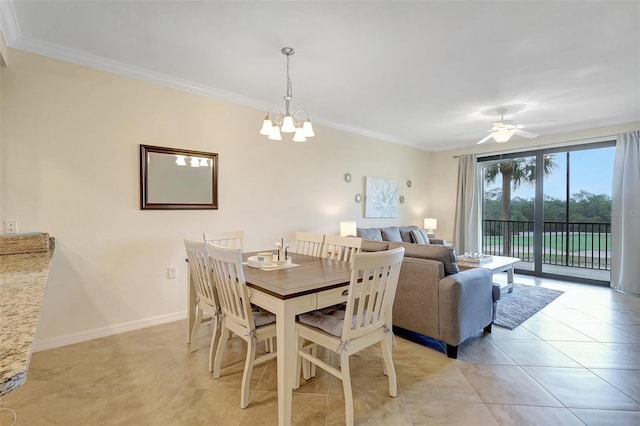17118 Vardon Ter Unit 304, Bradenton, FL 34211 - dining room with a chandelier, ornamental molding, light tile patterned floors, a ceiling fan, and baseboards