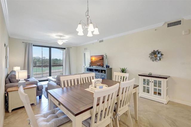 17118 Vardon Ter Unit 304, Bradenton, FL 34211 - dining room with a chandelier, ornamental molding, a ceiling fan, light tile patterned flooring, and baseboards