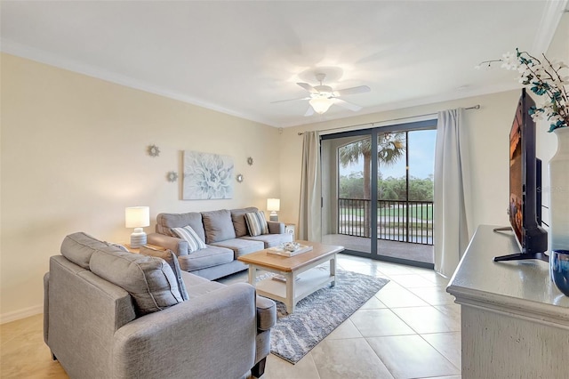 17118 Vardon Ter Unit 304, Bradenton, FL 34211 - living area featuring a ceiling fan, light tile patterned flooring, and crown molding