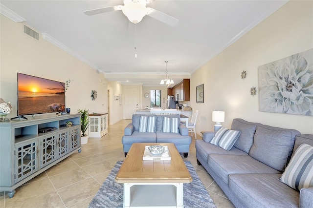 17118 Vardon Ter Unit 304, Bradenton, FL 34211 - living area with ornamental molding, light tile patterned flooring, and a ceiling fan