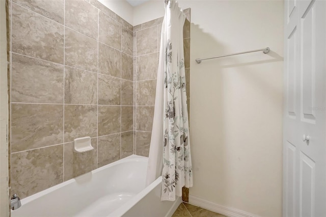 17118 Vardon Ter Unit 304, Bradenton, FL 34211 - full bathroom with shower / bathtub combination with curtain, tile patterned flooring, and baseboards