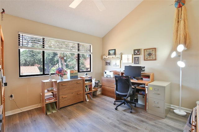 5362 Huntingwood Ct Unit 16, Sarasota, FL 34235 - office area featuring baseboards, a ceiling fan, vaulted ceiling, and wood finished floors