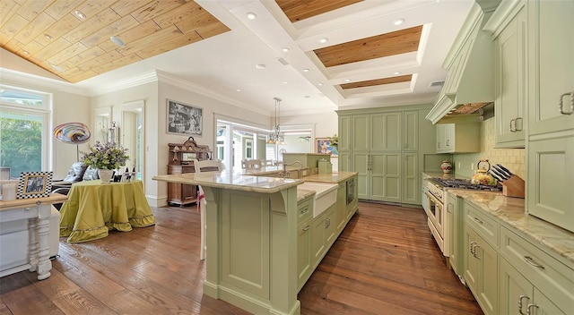 kitchen with green cabinets, gas range oven, healthy amount of natural light, dark wood finished floors, and wooden ceiling