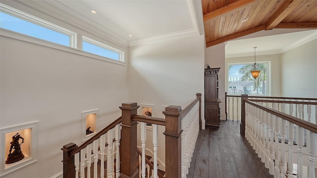 corridor with an upstairs landing, plenty of natural light, dark wood-style floors, beamed ceiling, and recessed lighting