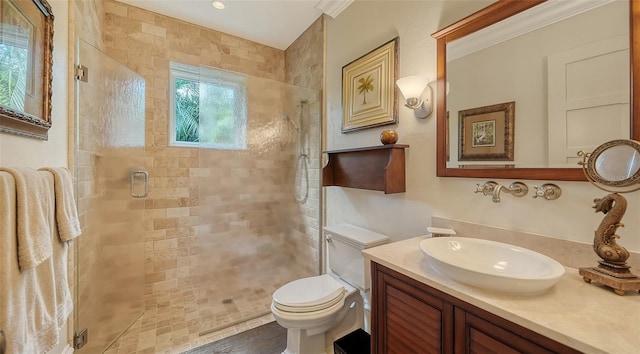 full bathroom with toilet, a shower stall, and vanity