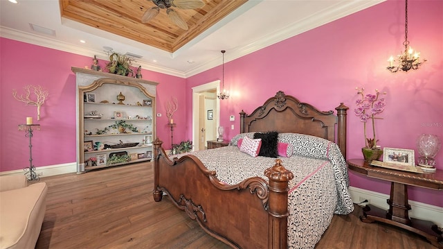 bedroom with a tray ceiling, wooden ceiling, wood finished floors, recessed lighting, and a chandelier