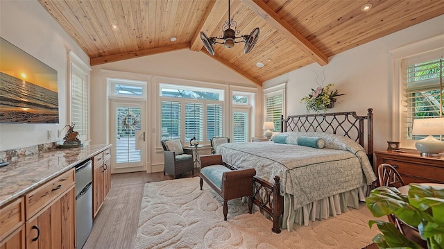 bedroom featuring access to exterior, light wood finished floors, wooden ceiling, bar area, and recessed lighting