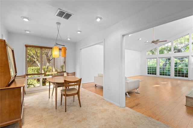 dining space with vaulted ceiling, ceiling fan, visible vents, and recessed lighting
