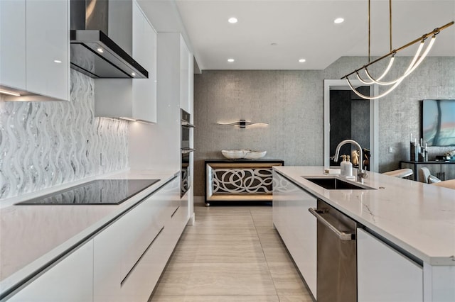 kitchen with wall chimney exhaust hood, a sink, modern cabinets, white cabinetry, and dishwasher
