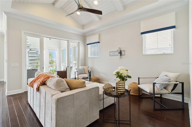 living area featuring dark wood finished floors, a ceiling fan, and baseboards