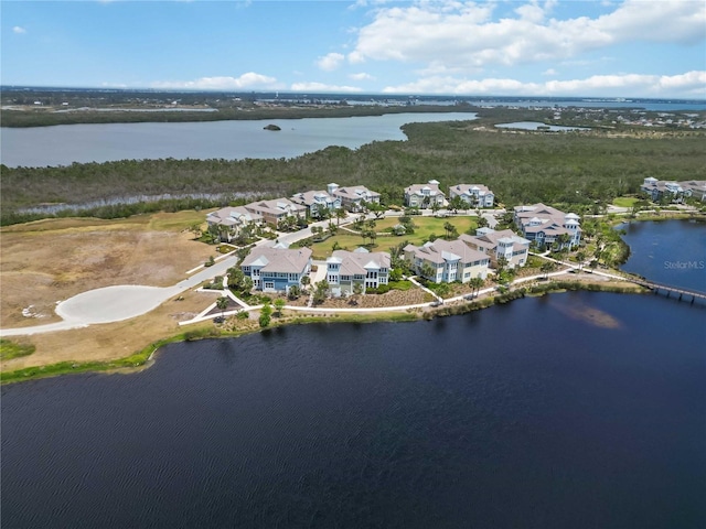aerial view of property and surrounding area featuring a nearby body of water and nearby suburban area