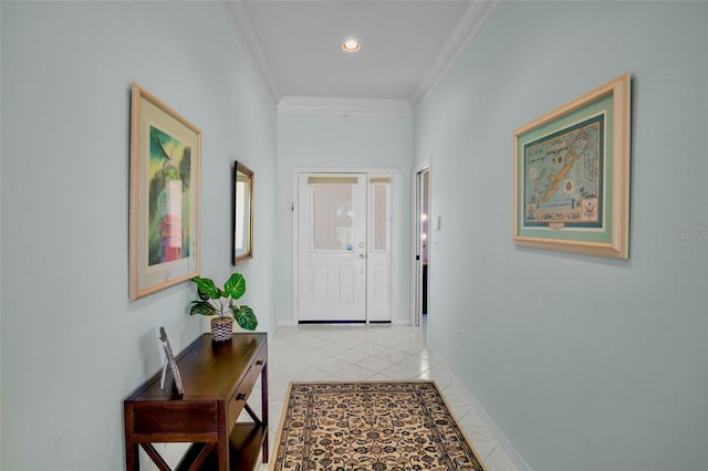 corridor featuring ornamental molding, recessed lighting, and light tile patterned flooring