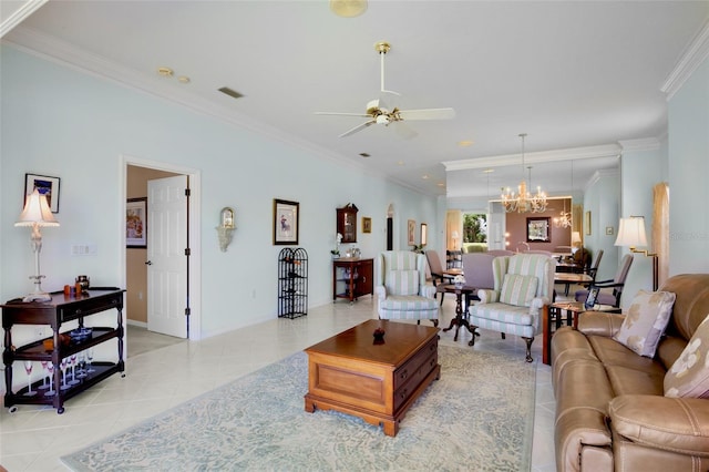 living area with crown molding, ceiling fan with notable chandelier, light tile patterned flooring, and visible vents