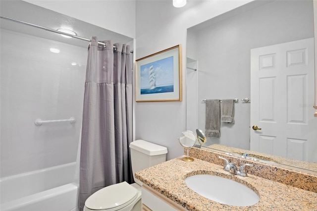 full bath with vanity, toilet, and shower / bath combination with curtain