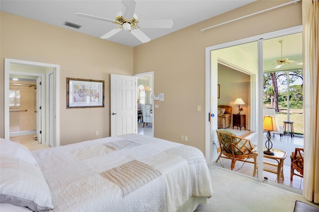 bedroom with ceiling fan, light colored carpet, and visible vents