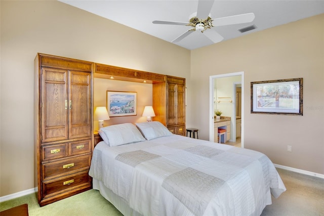 bedroom featuring a ceiling fan, baseboards, visible vents, and light carpet