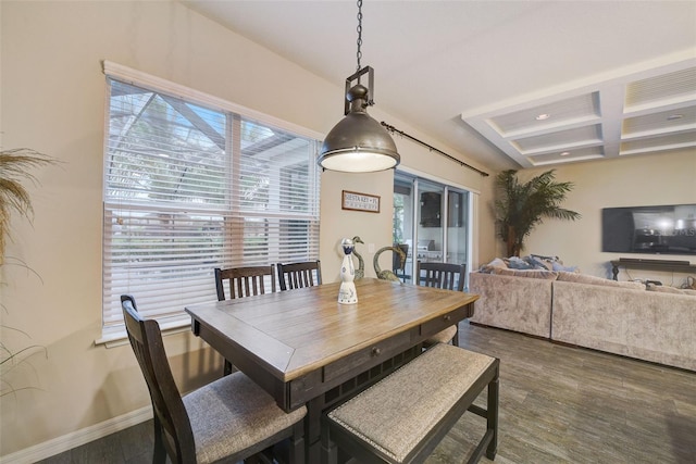 6001 Anise Dr, Sarasota, FL 34238 - dining area featuring baseboards, coffered ceiling, dark wood-style floors, and beamed ceiling