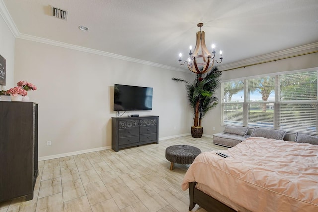 6001 Anise Dr, Sarasota, FL 34238 - bedroom featuring crown molding, baseboards, a notable chandelier, and visible vents