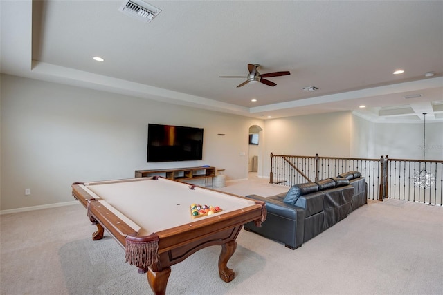 6001 Anise Dr, Sarasota, FL 34238 - playroom with light carpet, billiards, recessed lighting, a tray ceiling, and a ceiling fan