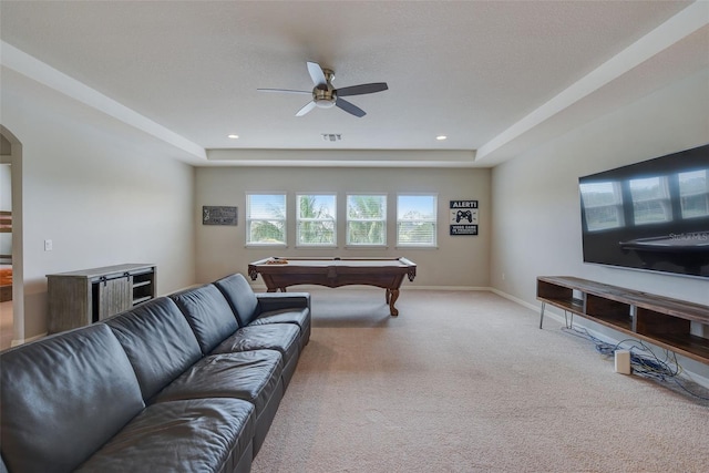 6001 Anise Dr, Sarasota, FL 34238 - living room with a ceiling fan, arched walkways, pool table, baseboards, and carpet