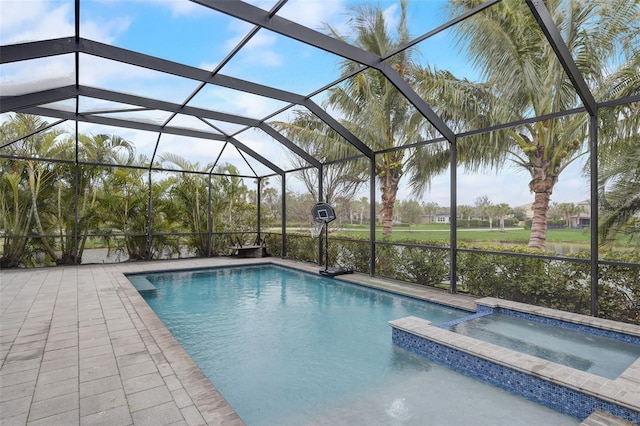 6001 Anise Dr, Sarasota, FL 34238 - view of pool featuring glass enclosure and a pool with connected hot tub