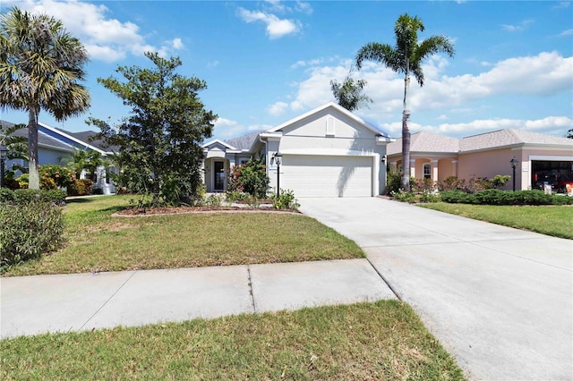 single story home with an attached garage, a front lawn, stucco siding, and driveway