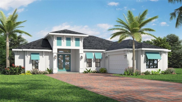 prairie-style house with a garage, stucco siding, french doors, and a front yard