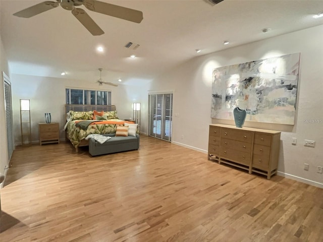 4307 Camino Real, Sarasota, FL 34231 - bedroom featuring light wood-type flooring, baseboards, vaulted ceiling, ceiling fan, and recessed lighting