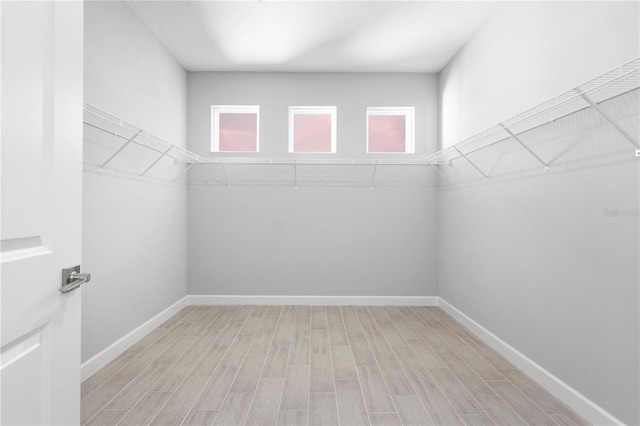 walk in closet with light wood finished floors