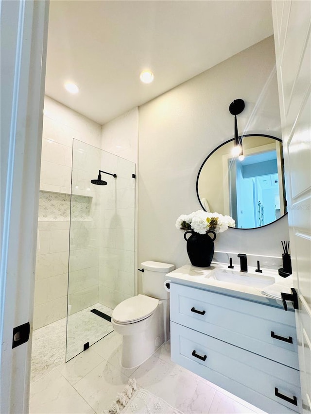full bath with walk in shower, vanity, toilet, marble finish floor, and recessed lighting