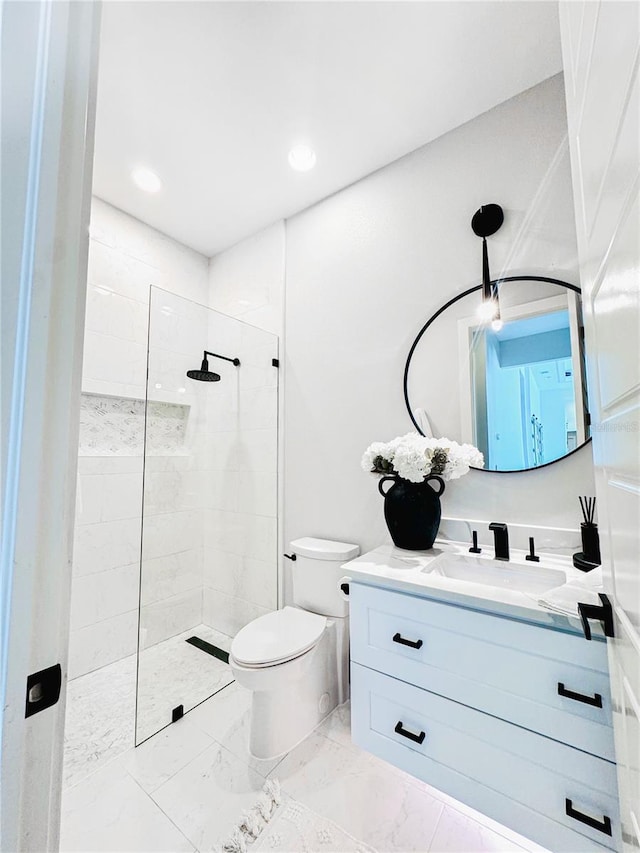 1643 Stanford Ln, Sarasota, FL 34231 - bathroom featuring vanity, walk in shower, marble finish floors, and recessed lighting