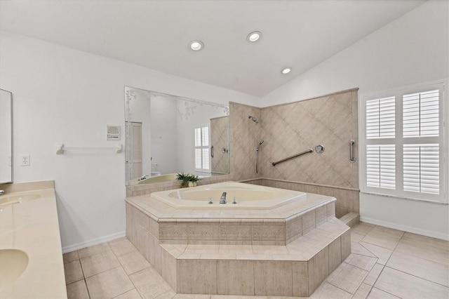 bathroom with a walk in shower, baseboards, tile patterned flooring, and a garden tub